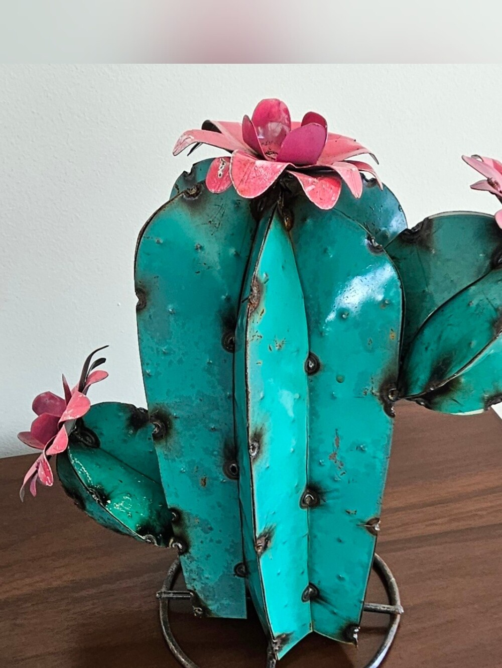 Vintage Mexican Metal Saguaro Cactus Sculpture Turquoise Pink Flowers